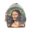 Louis Vuitton x Jeff Koons Palm Springs PM backpack with Mona Lisa print, green background, pink trim, metallic motifs and DA VINCI lettering.