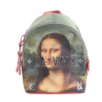 Louis Vuitton x Jeff Koons Palm Springs PM backpack with Mona Lisa print, green background, pink trim, metallic motifs and DA VINCI lettering.