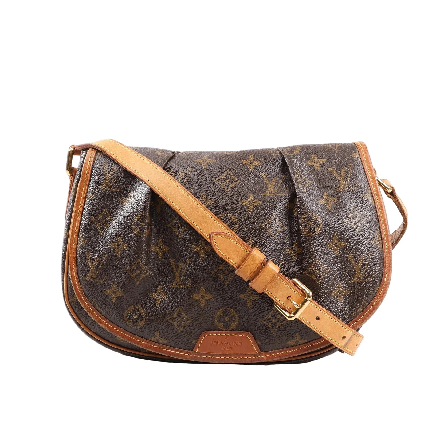Louis Vuitton Ménilmontant PM Crossbody Bag M40474 in brown Monogram coated canvas with natural vachetta leather trim, curved flap closure, and an adjustable leather shoulder strap, displayed against a white background.