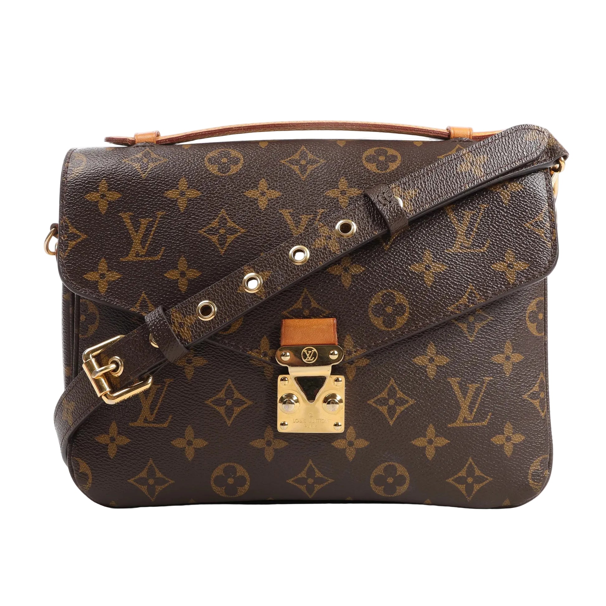 Louis Vuitton Pochette Métis MM crossbody bag in brown Monogram canvas with top handle, gold-tone S-lock, and adjustable leather strap.