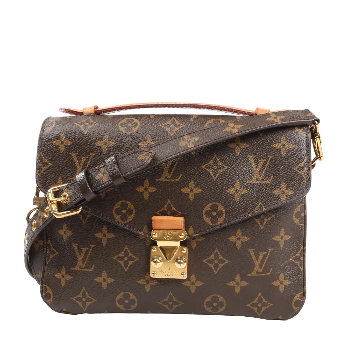 Louis Vuitton Pochette Métis MM crossbody bag M44875 in brown Monogram canvas, featuring the signature LV pattern, front flap with gold-tone S-lock closure, top handle, and adjustable leather strap with gold hardware.