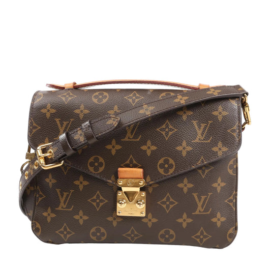 Louis Vuitton Pochette Métis MM crossbody bag M44875 in brown Monogram canvas, featuring the signature LV pattern, front flap with gold-tone S-lock closure, top handle, and adjustable leather strap with gold hardware.