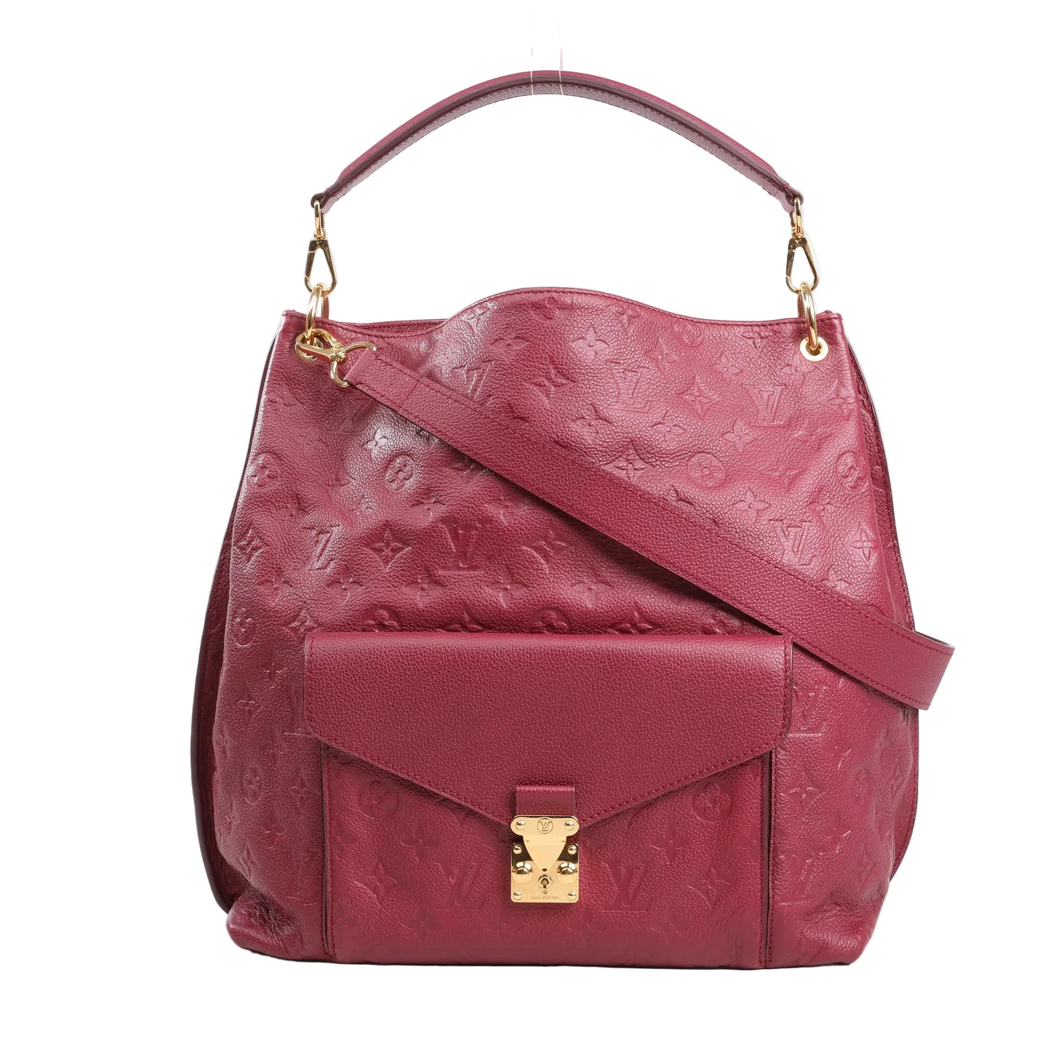 Louis Vuitton Hobo Metis 2Way Shoulder Bag in burgundy Monogram Empreinte leather featuring gold-tone hardware, a front flap pocket with S-lock, top handle, and detachable strap.