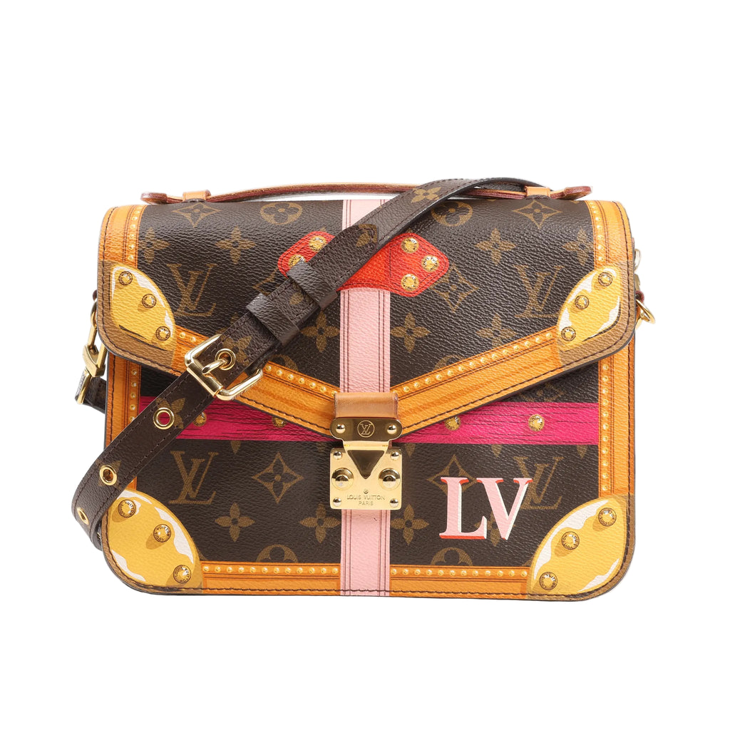 Louis Vuitton Monogram Summer Metis Trunk Pochette Crossbody Bag M43628 in brown monogram canvas with vibrant pink, orange, and yellow trunk print, gold-tone S-lock closure, and adjustable leather strap against a white background.