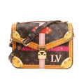 Louis Vuitton Monogram Summer Metis Trunk Pochette Crossbody Bag M43628 in brown monogram canvas with vibrant pink, orange, and yellow trunk print, gold-tone S-lock closure, and adjustable leather strap against a white background.