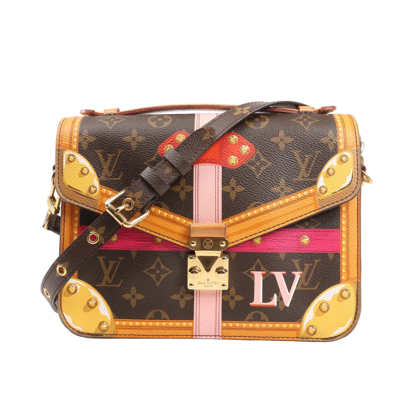 Louis Vuitton Monogram Summer Metis Trunk Pochette Crossbody Bag M43628 in brown monogram canvas with vibrant pink, orange, and yellow trunk print, gold-tone S-lock closure, and adjustable leather strap against a white background.
