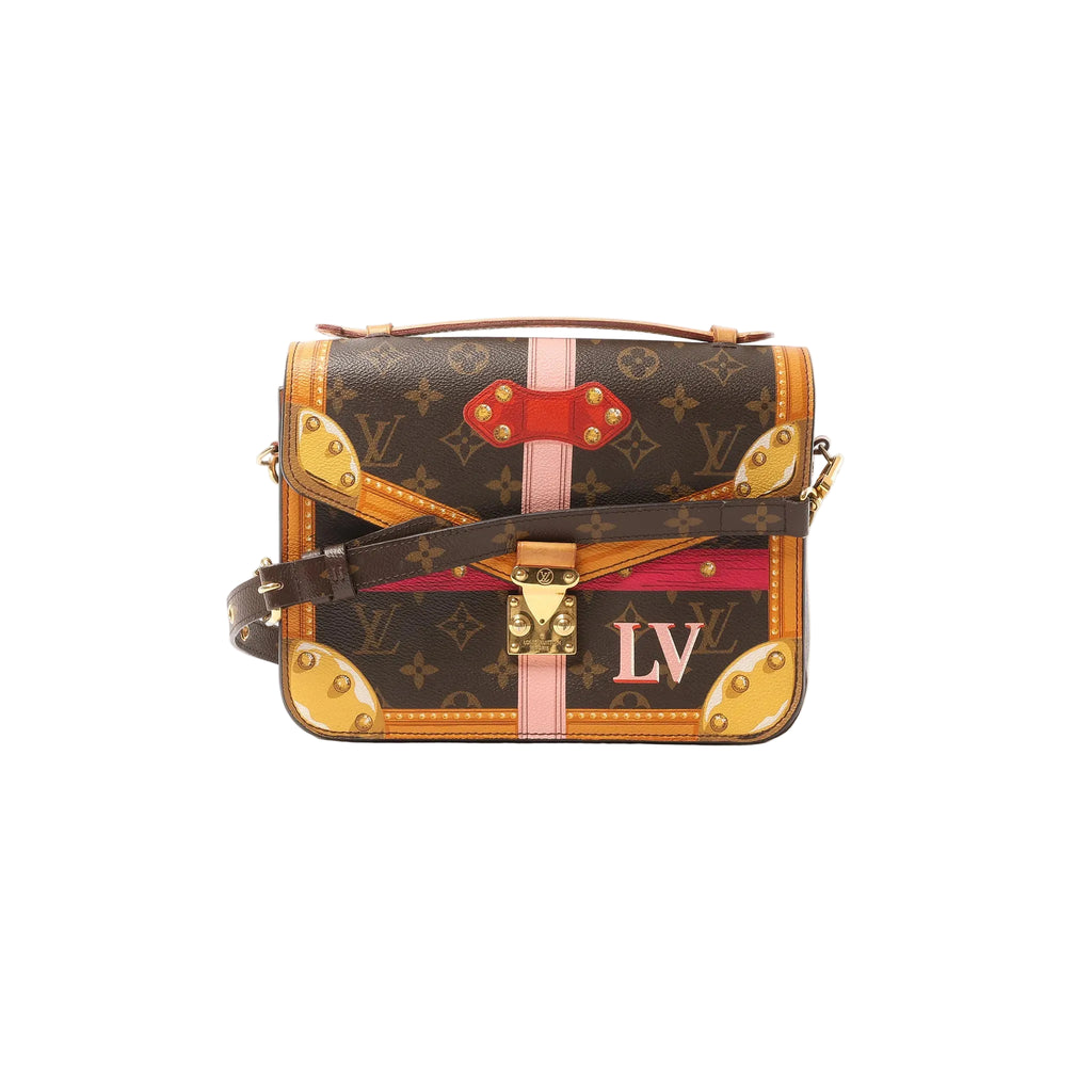 Louis Vuitton Pochette Metis Summer Trunk Monogram canvas crossbody bag with trunk-style printed details, pink and red accents, gold-tone clasp, top handle, and brown leather strap