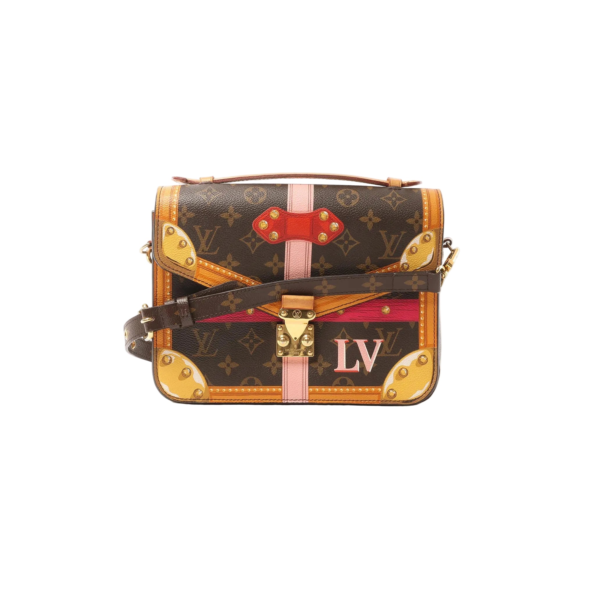 Louis Vuitton Pochette Metis Summer Trunk Monogram canvas crossbody bag with trunk-style printed details, pink and red accents, gold-tone clasp, top handle, and brown leather strap