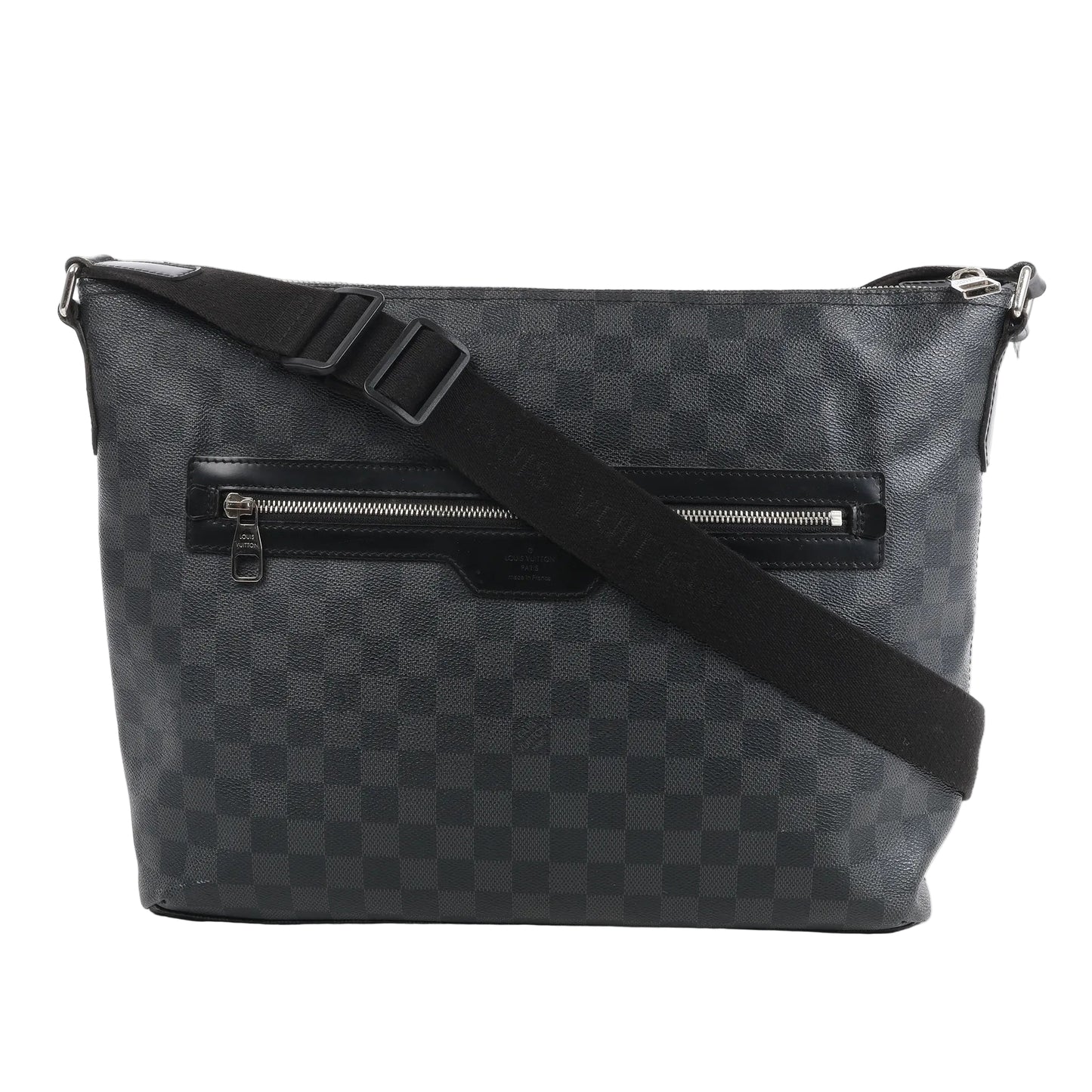 Louis Vuitton Damier Graphite Mick MM Handbag N41106 featuring signature dark gray checkerboard canvas, black leather trim, silver-tone hardware, a front zip pocket, and an adjustable black canvas strap for crossbody or shoulder wear.