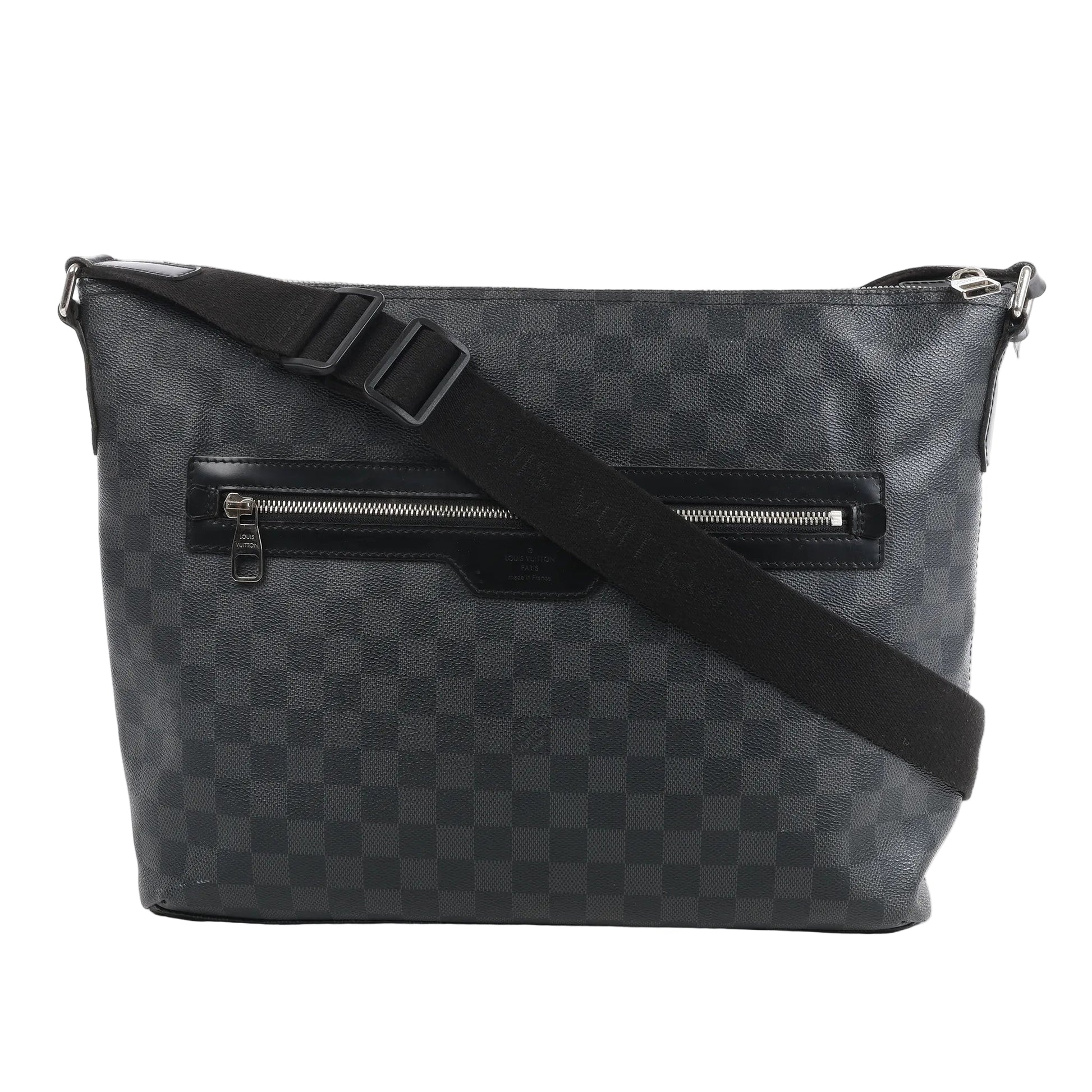 Louis Vuitton Damier Graphite Mick MM Handbag N41106 featuring signature dark gray checkerboard canvas, black leather trim, silver-tone hardware, a front zip pocket, and an adjustable black canvas strap for crossbody or shoulder wear.