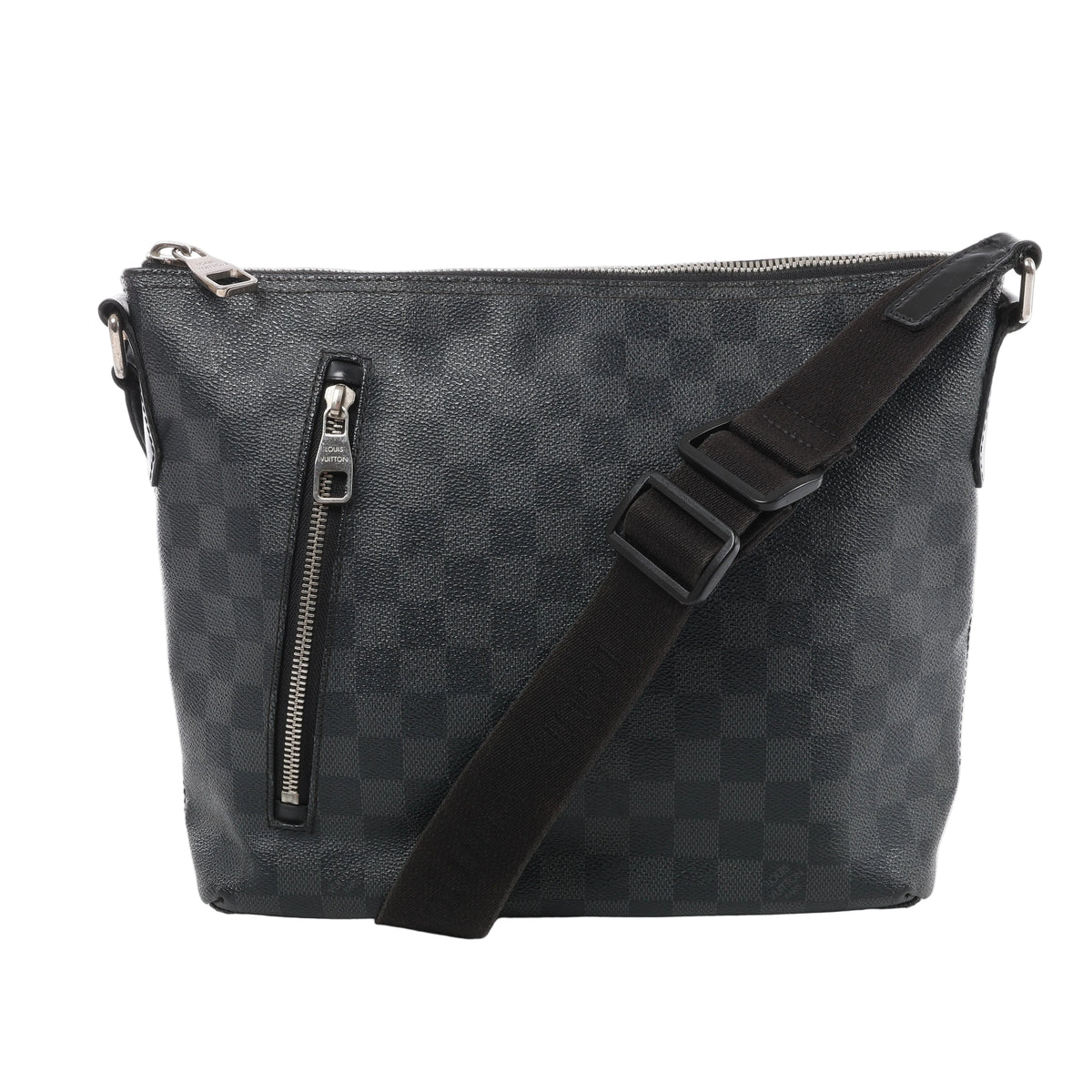 Louis Vuitton Mick PM bag in black and grey Damier Graphite canvas with a vertical front zip pocket and adjustable black strap draped across the front.