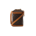 Louis Vuitton Milk Box Monogram canvas crossbody bag in brown with tan leather trim, top handle, and long leather shoulder strap