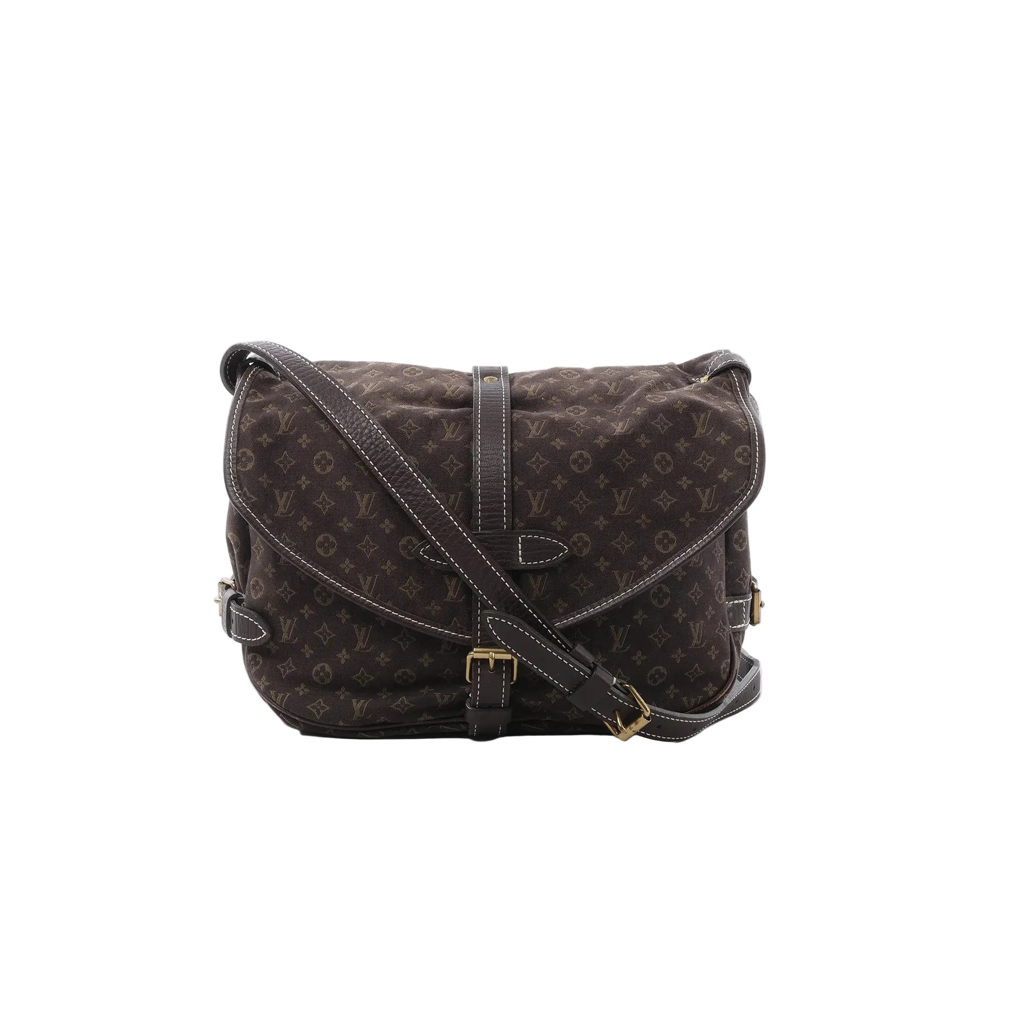 Front view of Louis Vuitton Saumur 30 Mini Lin Monogram crossbody bag in brown with flap front, contrast-stitched leather trim, buckle strap detail, and adjustable shoulder strap.