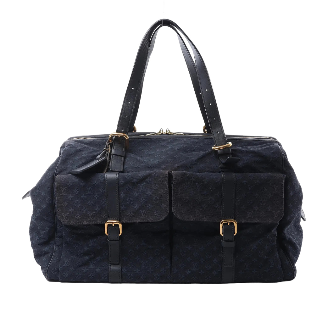 Louis Vuitton Claudine navy Mini Lin Monogram shoulder bag with black leather straps, two front flap pockets and gold-tone buckles.