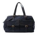 Louis Vuitton Claudine navy Mini Lin Monogram shoulder bag with black leather straps, two front flap pockets and gold-tone buckles.
