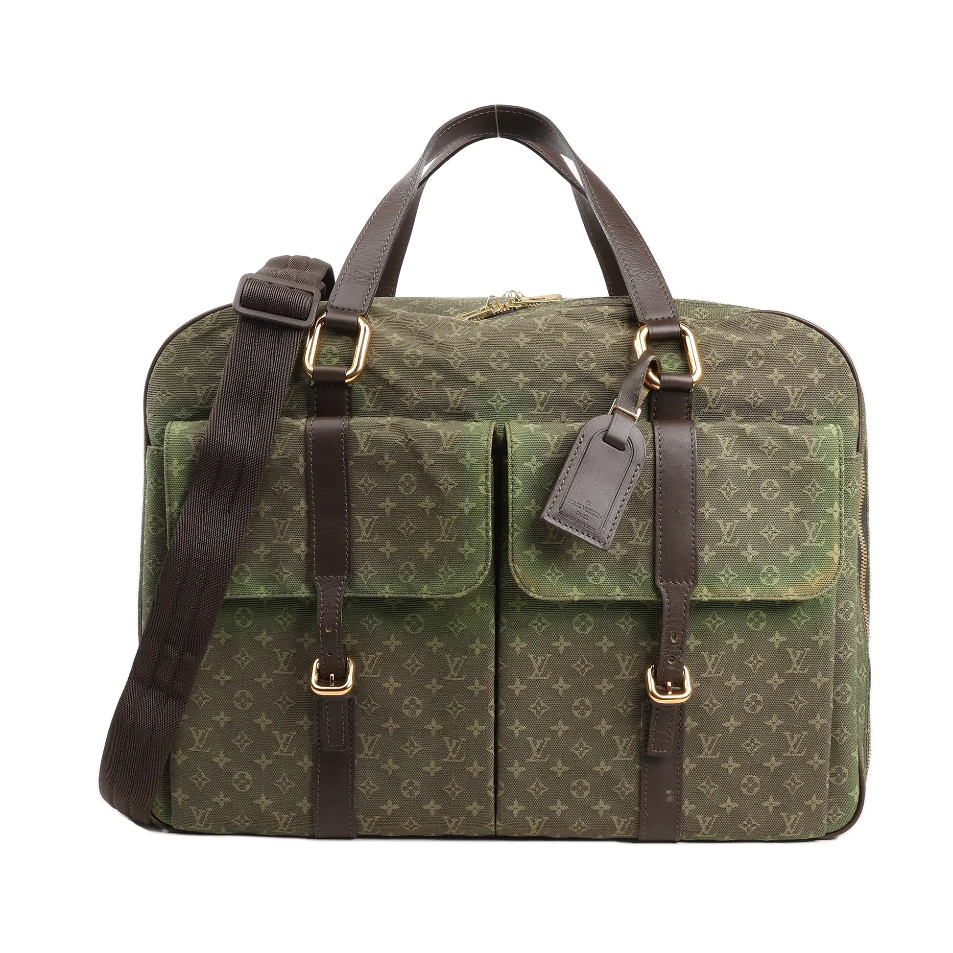 Louis Vuitton Monogram Mini Lin Claudine travel bag in green with dual front flap pockets, dark brown leather handles and trim, gold-tone hardware, and detachable shoulder strap.