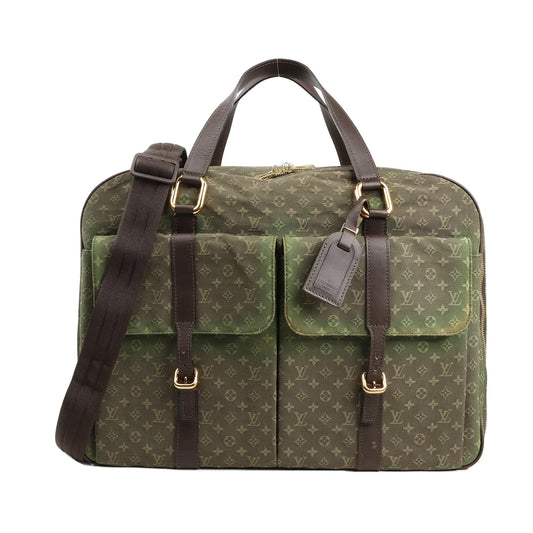 Louis Vuitton Monogram Mini Lin Claudine travel bag in green with dual front flap pockets, dark brown leather handles and trim, gold-tone hardware, and detachable shoulder strap.
