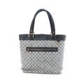 Louis Vuitton Mini Lucille GM tote in grey Monogram linen with navy leather trim, gold-tone hardware, and front zip pocket on white background.