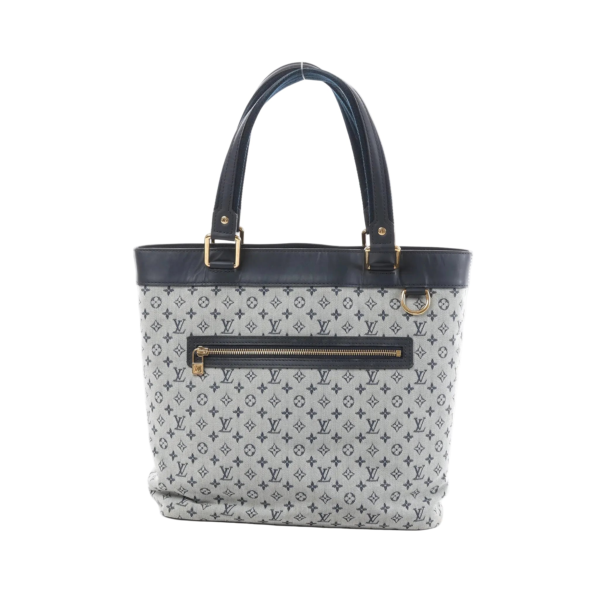 Louis Vuitton Mini Lucille GM tote in grey Monogram linen with navy leather trim, gold-tone hardware, and front zip pocket on white background.