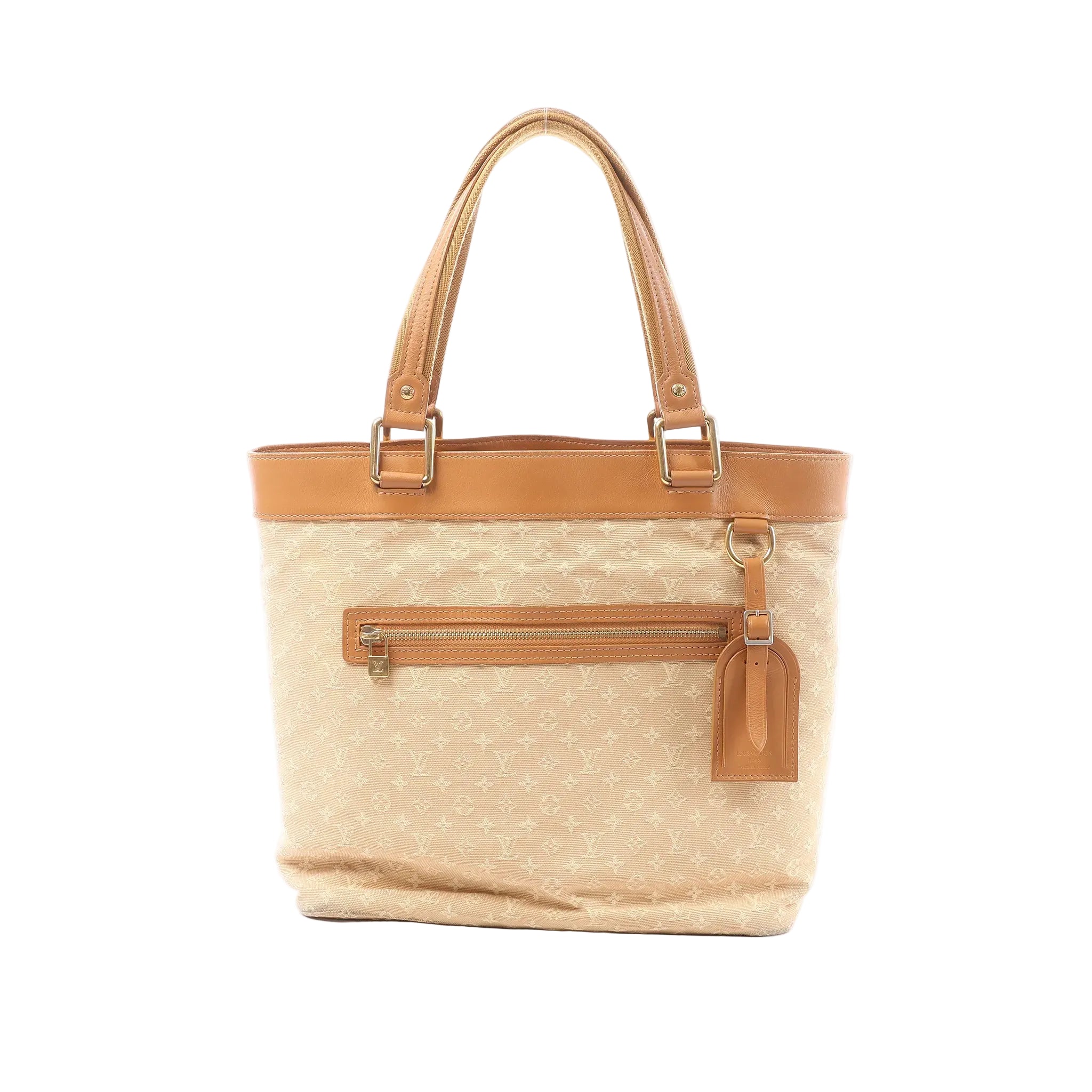 Front view of Louis Vuitton Mini Lucille GM in beige Monogram linen with tan leather trim, long shoulder straps, front zip pocket and hanging leather tag on a white background.