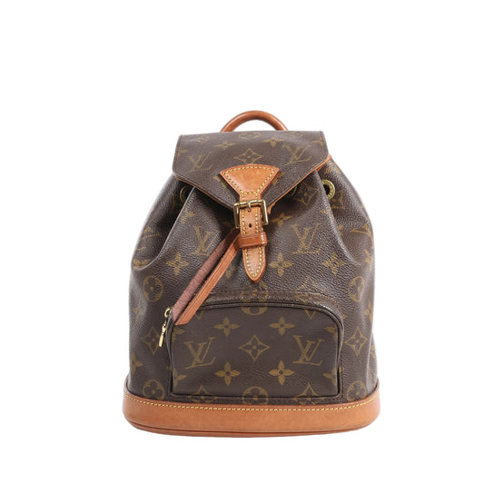 Louis Vuitton Montsouris Vintage Mini Backpack M51137 in brown monogram canvas with tan leather trim, front zip pocket, buckle flap closure, and top handle against a white background.