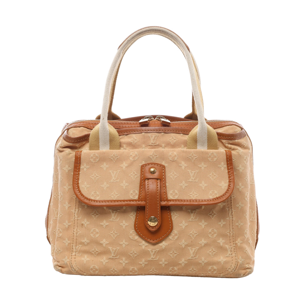 Beige Louis Vuitton Mini Monogram handbag with brown leather trim, striped top handles, front flap pocket and silver-tone zip hardware.