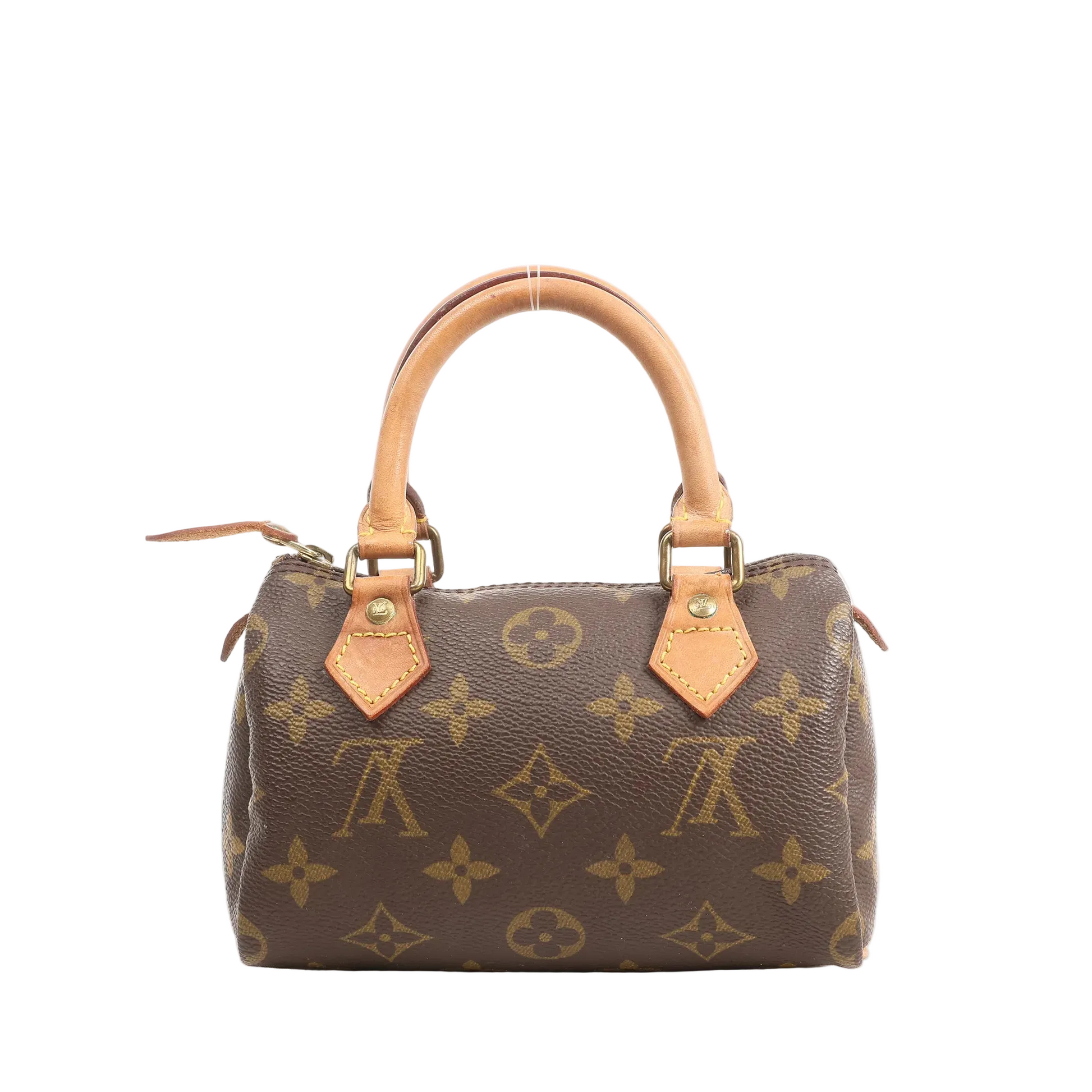 Louis Vuitton Speedy Nano M41534 handbag in brown Monogram canvas with natural leather trim, gold-tone hardware, and small dual top handles.