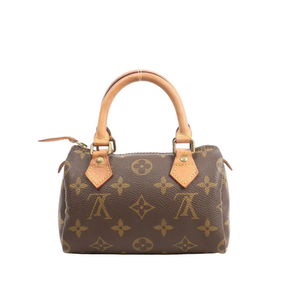 Louis Vuitton Speedy Nano M41534 handbag in brown Monogram canvas with natural leather trim, gold-tone hardware, and small dual top handles.
