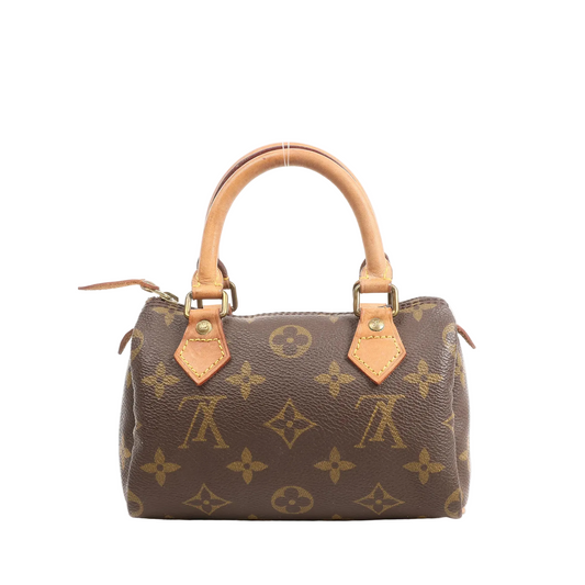 Louis Vuitton Speedy Nano M41534 handbag in brown Monogram canvas with natural leather trim, gold-tone hardware, and small dual top handles.