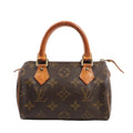 Louis Vuitton Speedy Nano handbag in brown Monogram canvas with natural leather handles and gold-tone hardware, showcasing the iconic LV pattern in a compact size.