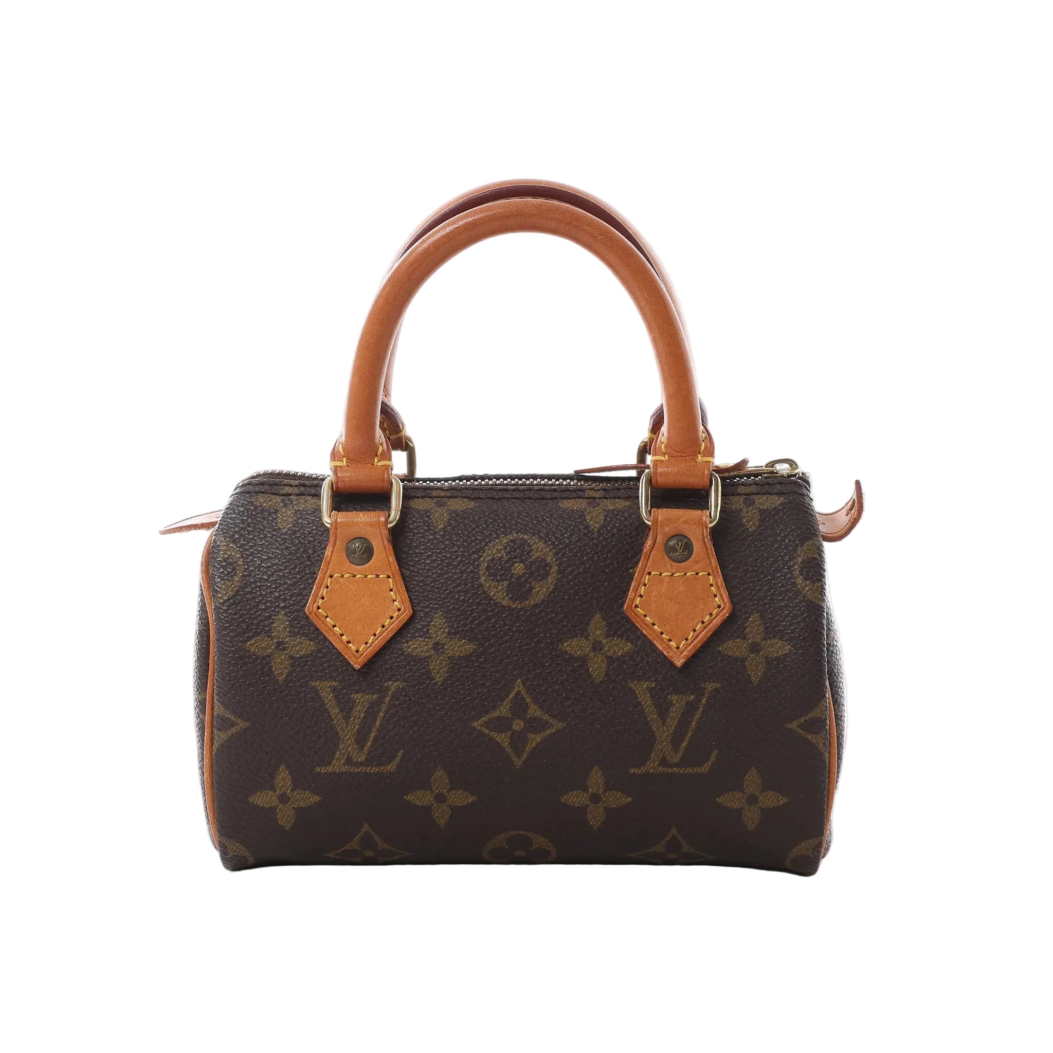 Louis Vuitton Speedy Nano handbag in brown Monogram canvas with natural leather top handles, gold-tone hardware and zip-top closure, displayed against a white background.