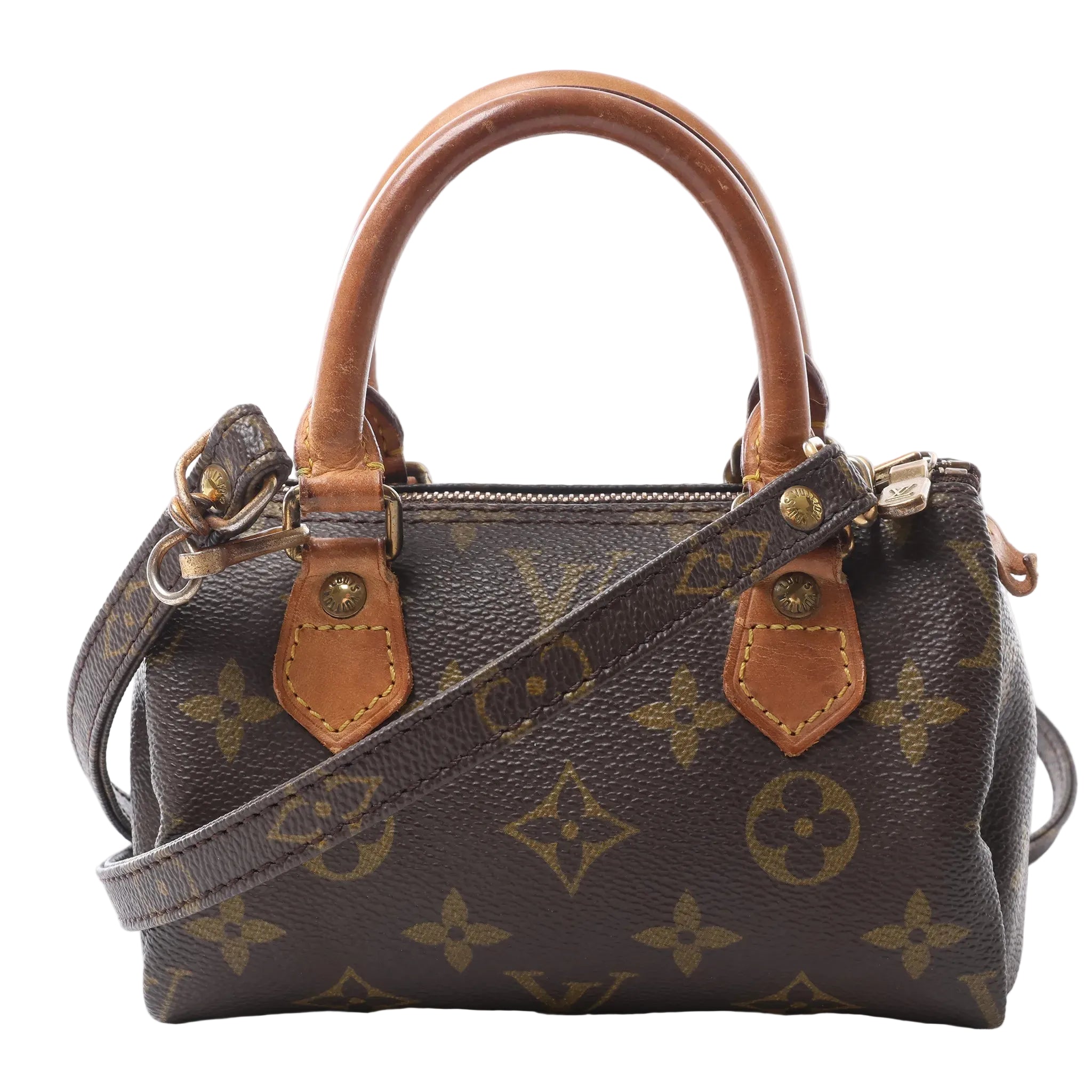 Louis Vuitton Speedy Nano handbag in brown Monogram canvas with tan leather top handles, detachable shoulder strap and top zip closure.