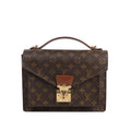 Brown Louis Vuitton Monceau Monogram canvas handbag with top handle, envelope-style flap, tan leather accent and gold-tone push-lock closure.