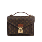 Brown Louis Vuitton Monceau Monogram canvas handbag with top handle, envelope-style flap, tan leather accent and gold-tone push-lock closure.