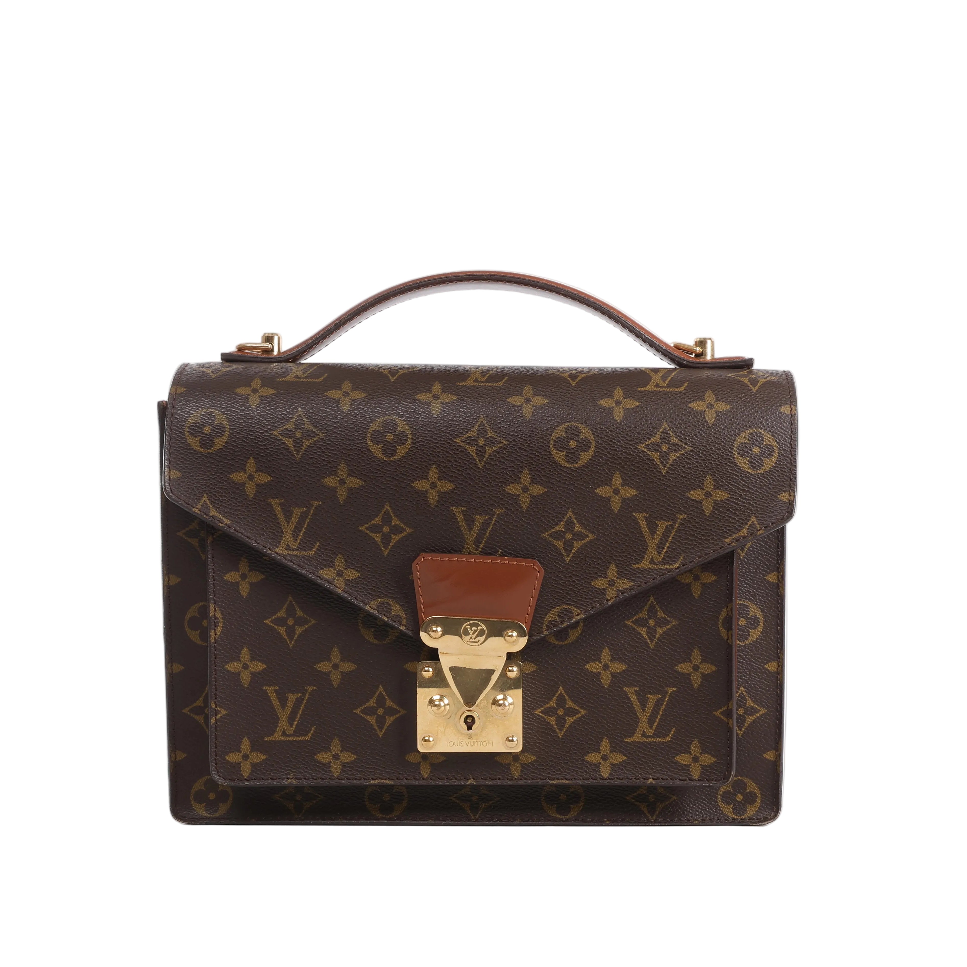 Brown Louis Vuitton Monceau Monogram canvas handbag with top handle, envelope-style flap, tan leather accent and gold-tone push-lock closure.