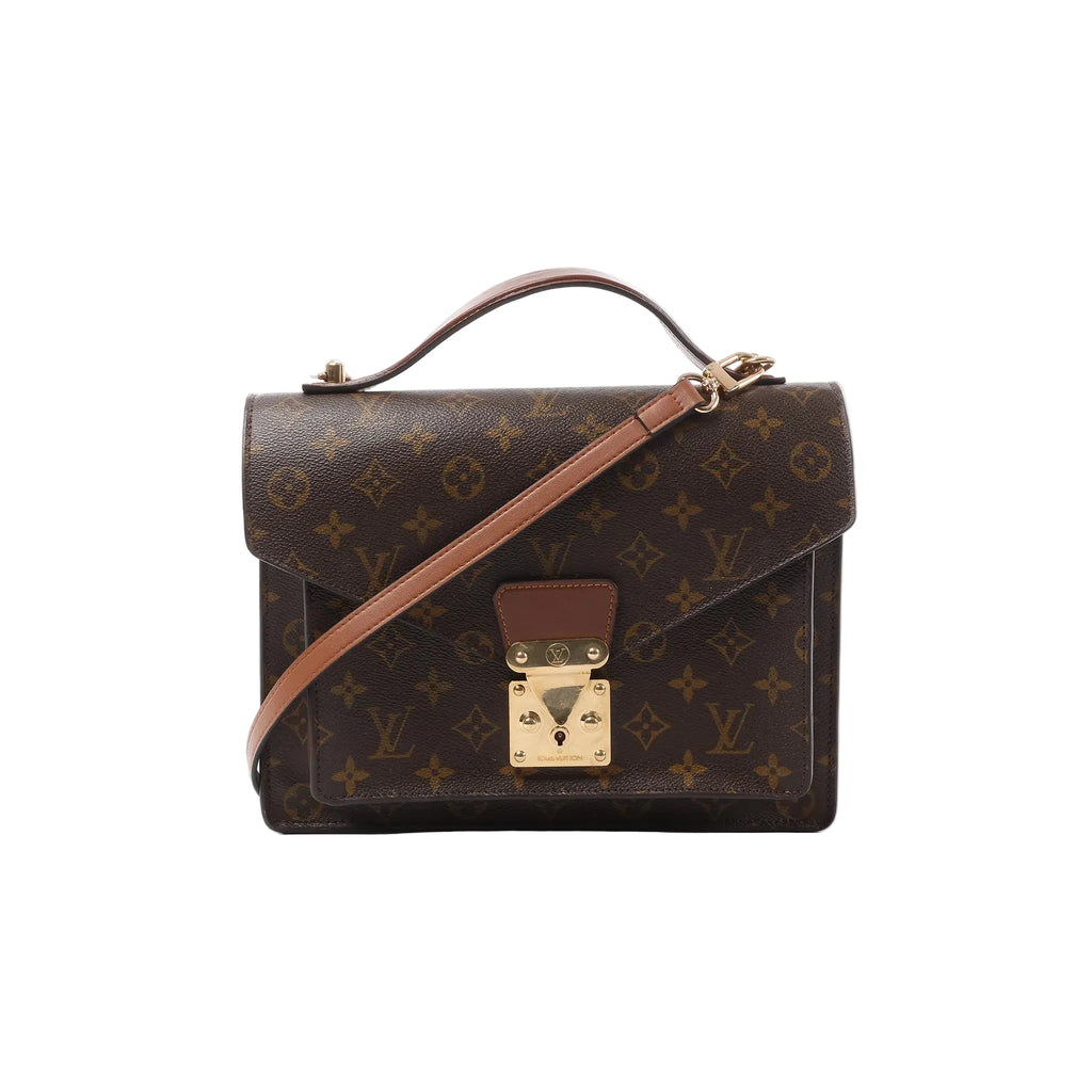 Louis Vuitton Monceau bag in brown Monogram canvas with top handle, detachable shoulder strap, and gold-tone S-lock closure on the front flap.