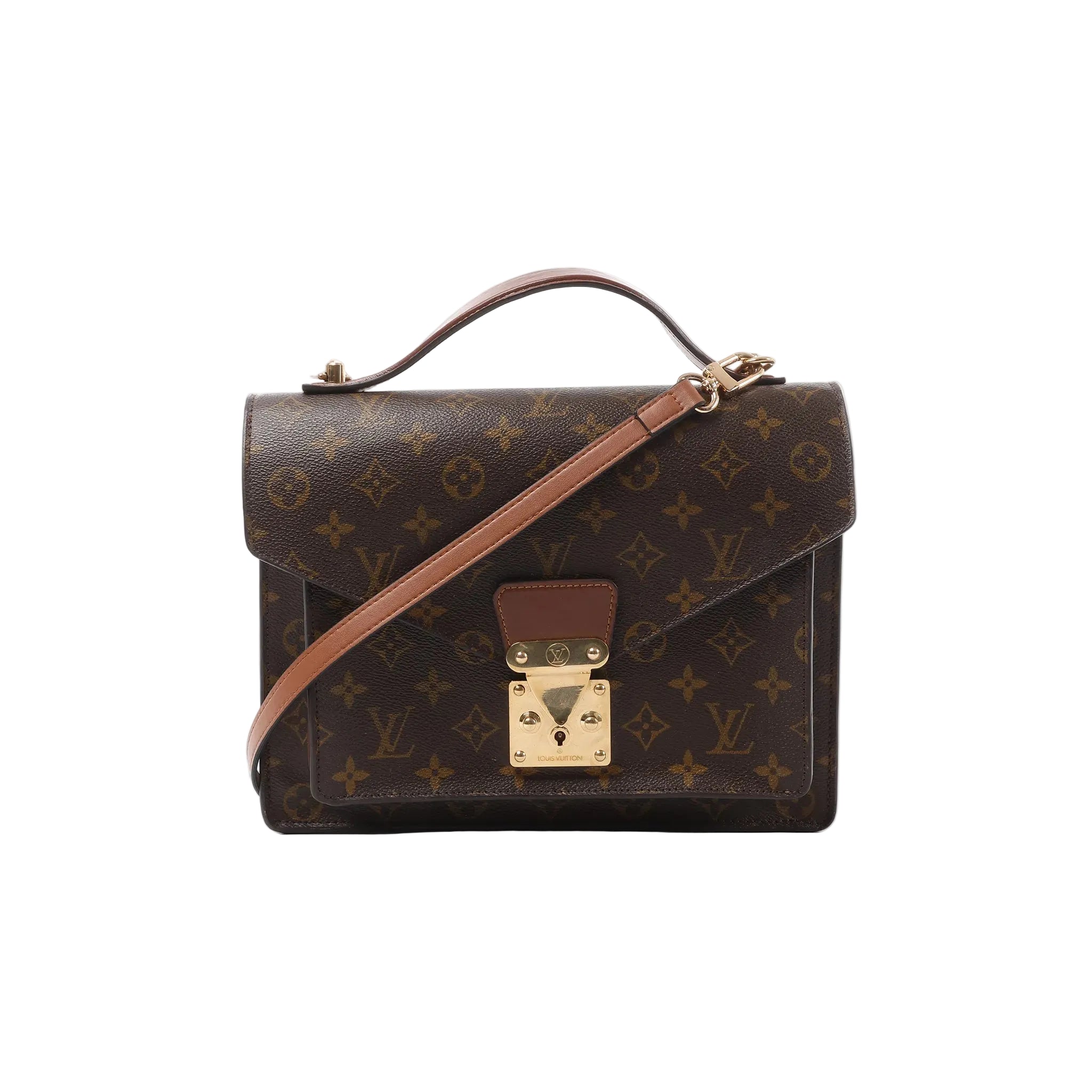 Louis Vuitton Monceau bag in brown Monogram canvas with top handle, detachable shoulder strap, and gold-tone S-lock closure on the front flap.
