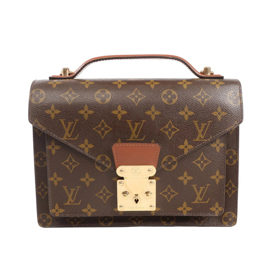Front view of an authentic Louis Vuitton Monceau M51187 handbag in brown Monogram canvas, featuring gold-tone S-lock closure, top handle, and LV monogram print.