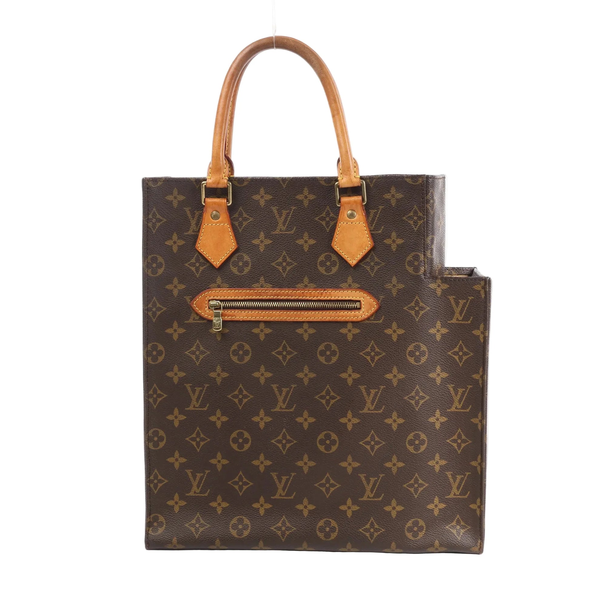 Front view of the Louis Vuitton Monogram Vintage Handbag Special Order featuring brown monogram canvas, natural vachetta leather handles and trim, a front zip pocket with gold-tone hardware, and a structured rectangular silhouette against a white background.
