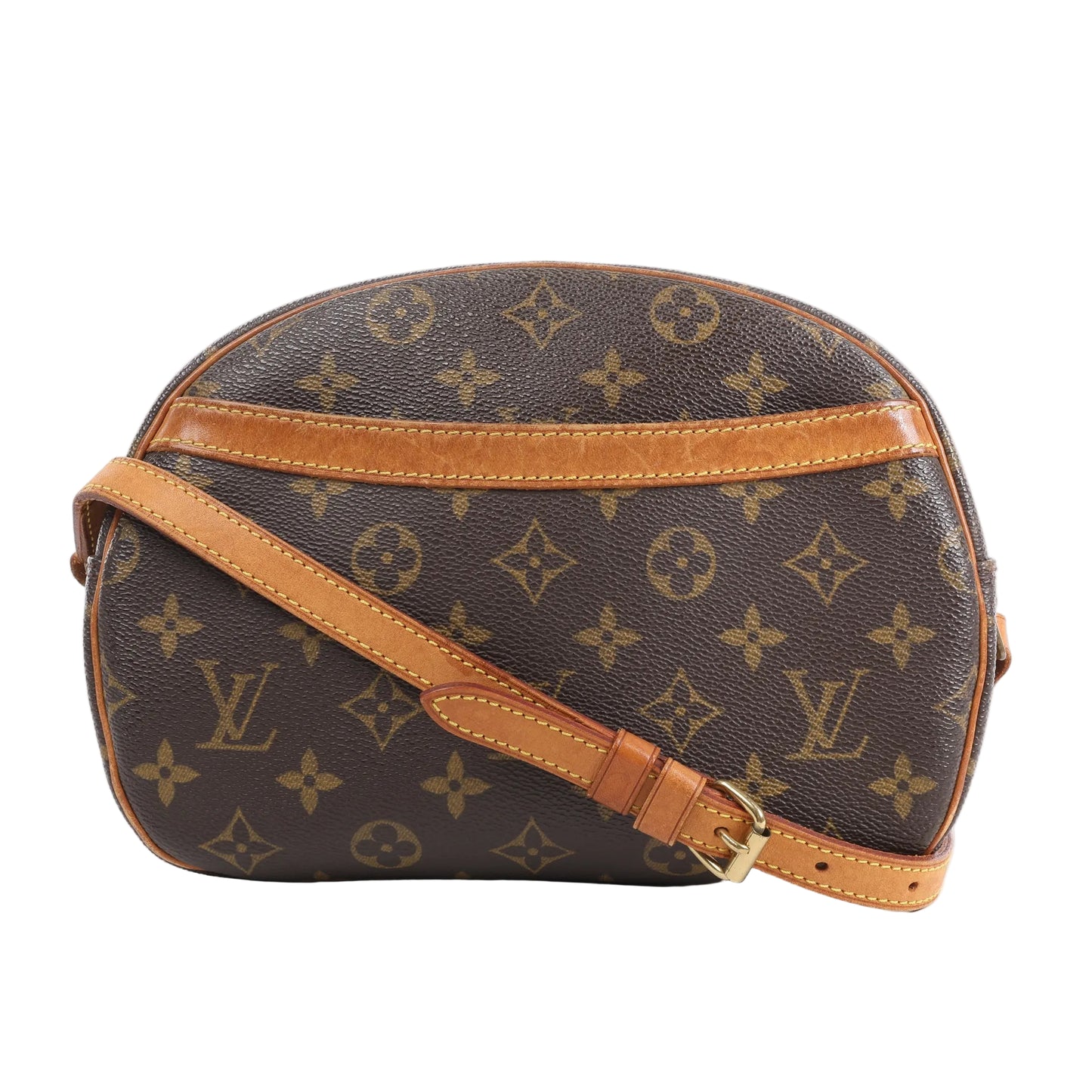 Front view of the Louis Vuitton Monogram Canvas Blois Crossbody Bag M51221 featuring signature brown monogram canvas, natural vachetta leather trim and adjustable strap, gold-tone buckle, and rounded shape, shown against a white background.