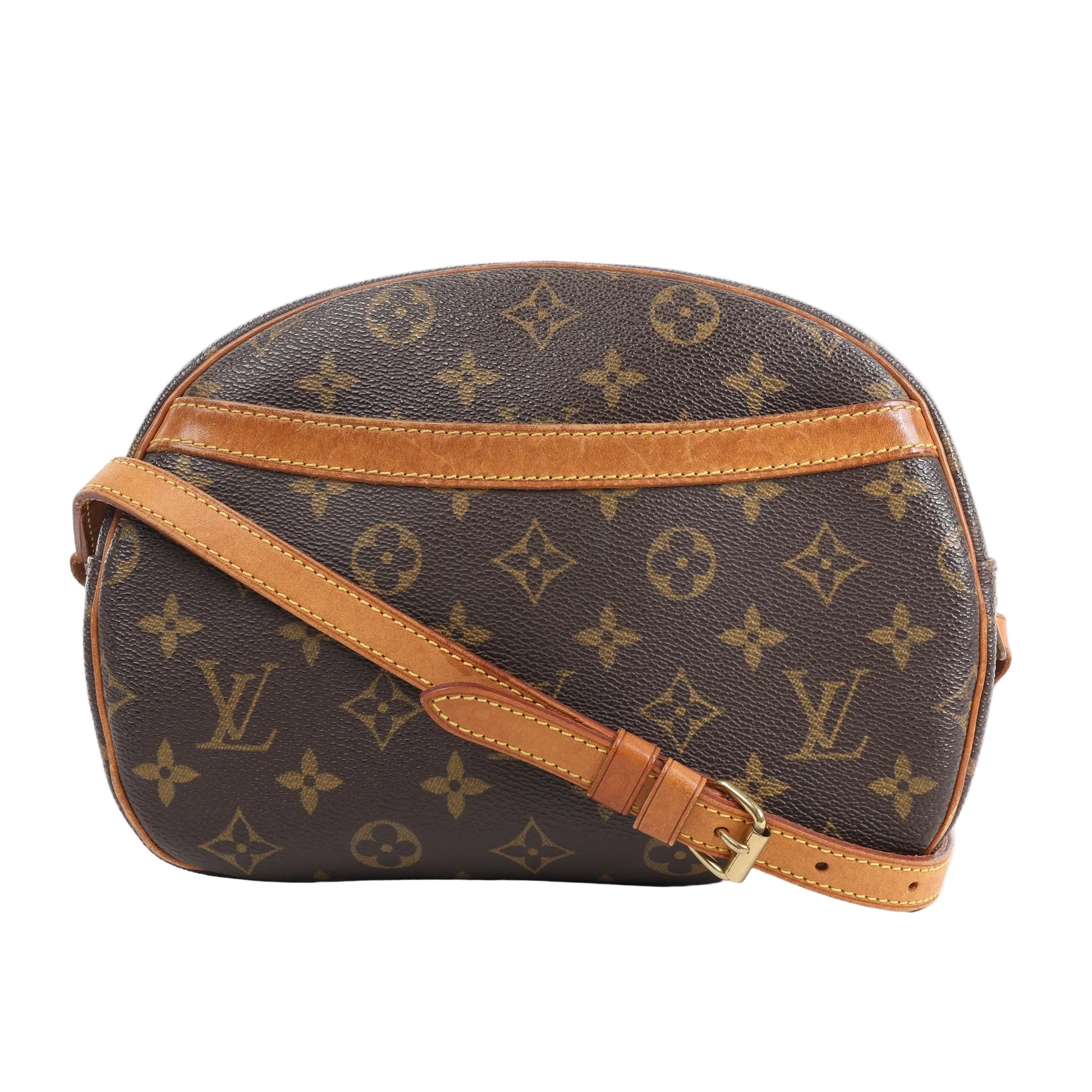 Front view of the Louis Vuitton Monogram Canvas Blois Crossbody Bag M51221 featuring signature brown monogram canvas, natural vachetta leather trim and adjustable strap, gold-tone buckle, and rounded shape, shown against a white background.