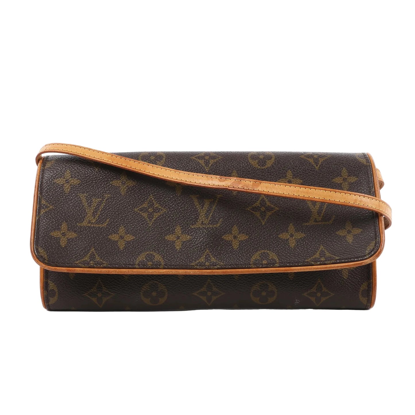 Louis Vuitton Monogram Canvas Pochette Twin GM Shoulder Bag M51852 featuring a slim rectangular silhouette, flap closure, natural leather trim, and shoulder strap, displayed flat against a white background.