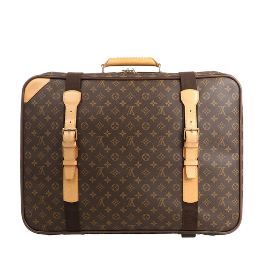 Front view of a Louis Vuitton Satellite 60 travel bag in brown Monogram canvas with natural leather trim, top handle, and adjustable leather buckle straps.
