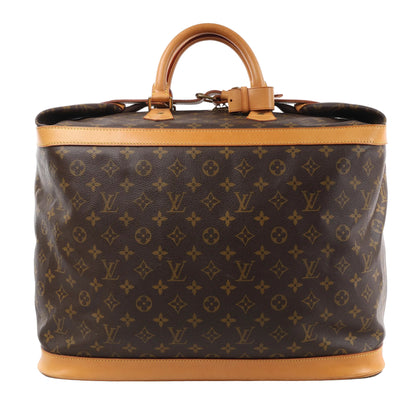 Front view of the Louis Vuitton Monogram Canvas Cruiser 45 Travel Bag M41138, featuring brown monogram canvas, natural vachetta leather trim and top handles, structured rectangular shape, and gold-tone hardware, displayed against a white background.