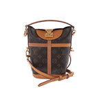 Louis Vuitton Duffle brown Monogram canvas crossbody bag with tan leather trim, top handle, shoulder strap and gold-tone hardware.