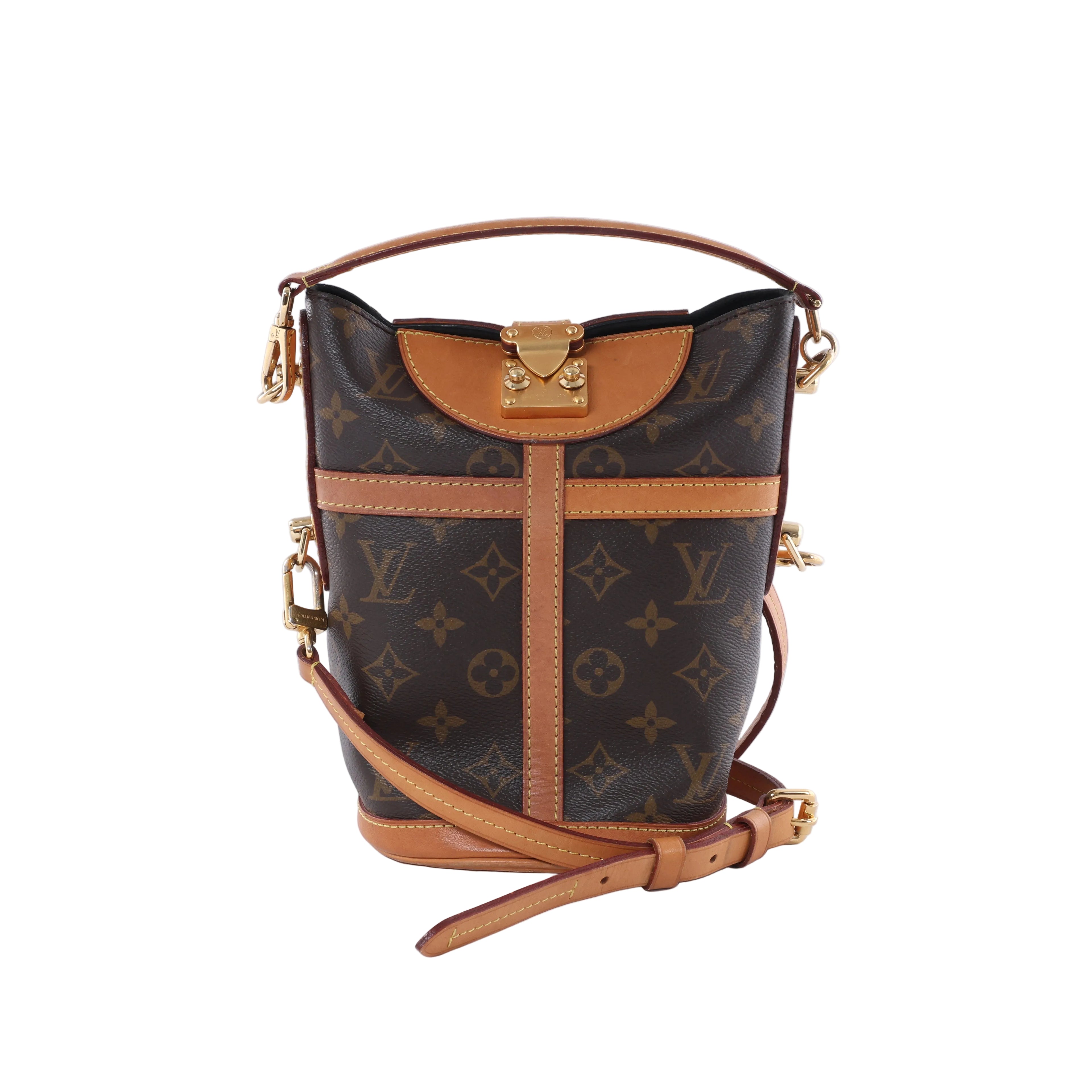 Louis Vuitton Duffle brown Monogram canvas crossbody bag with tan leather trim, top handle, shoulder strap and gold-tone hardware.