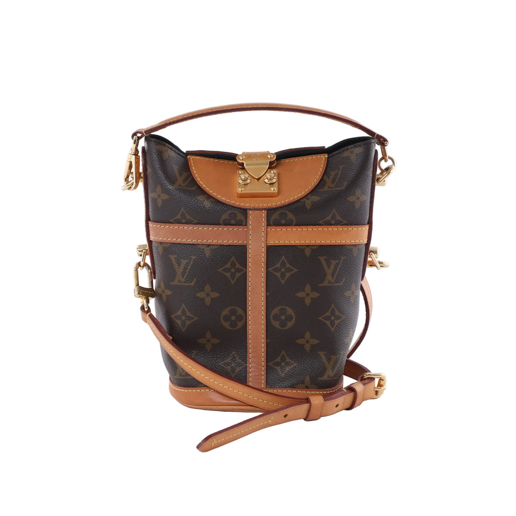 Louis Vuitton Duffle brown Monogram canvas crossbody bag with tan leather trim, top handle, shoulder strap and gold-tone hardware.