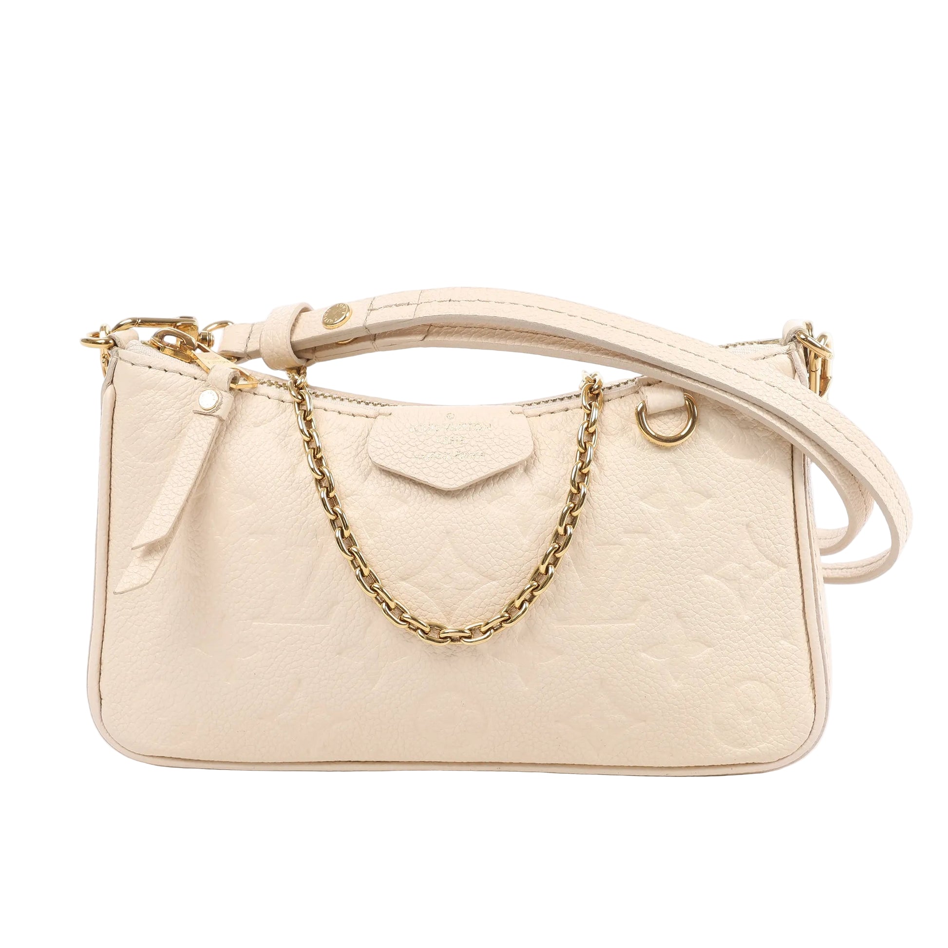 Louis Vuitton Monogram Empreinte Easy Pouch in beige grained leather with embossed monogram pattern, gold-tone chain handle, matching beige leather strap, and zip closure, displayed on a white background.