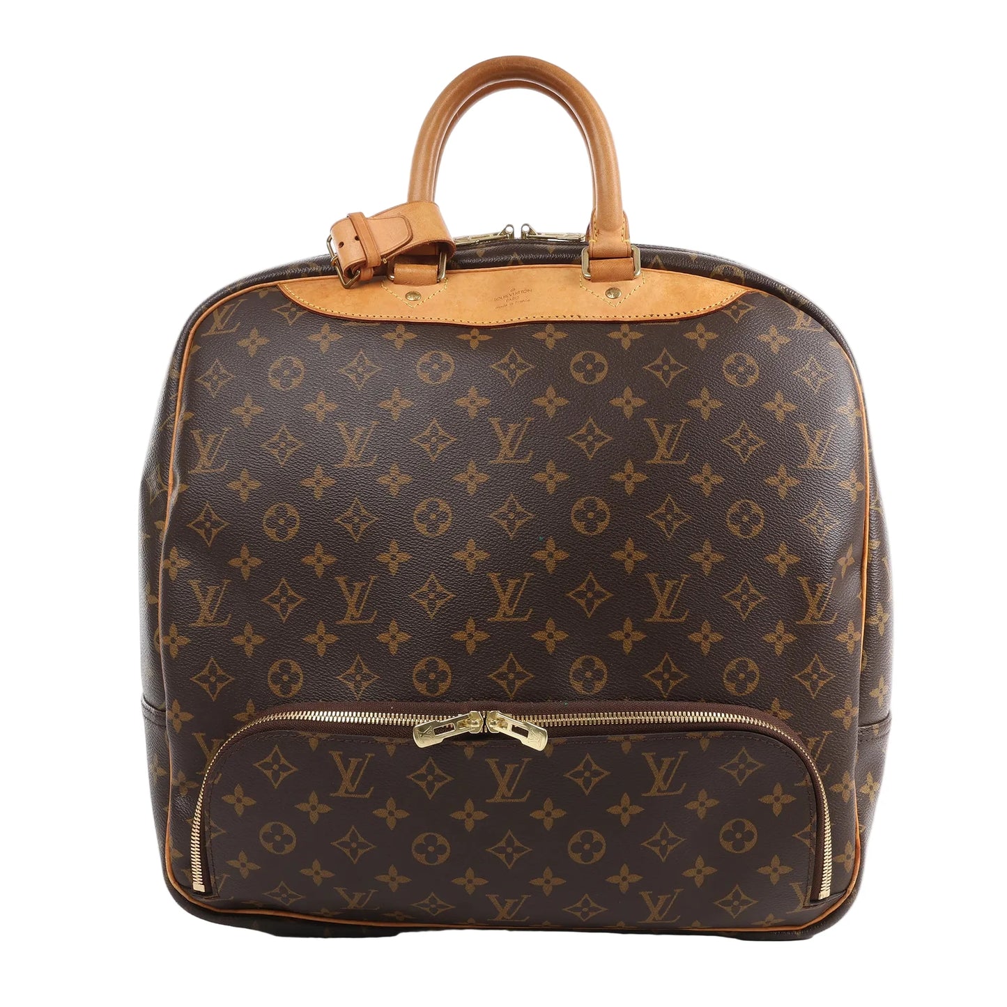 Louis Vuitton Monogram Canvas Evasion Weekend Handbag M41443 in brown monogram canvas with natural leather top handles, gold-tone double zip closure, and front zip pocket, displayed upright against a white background.