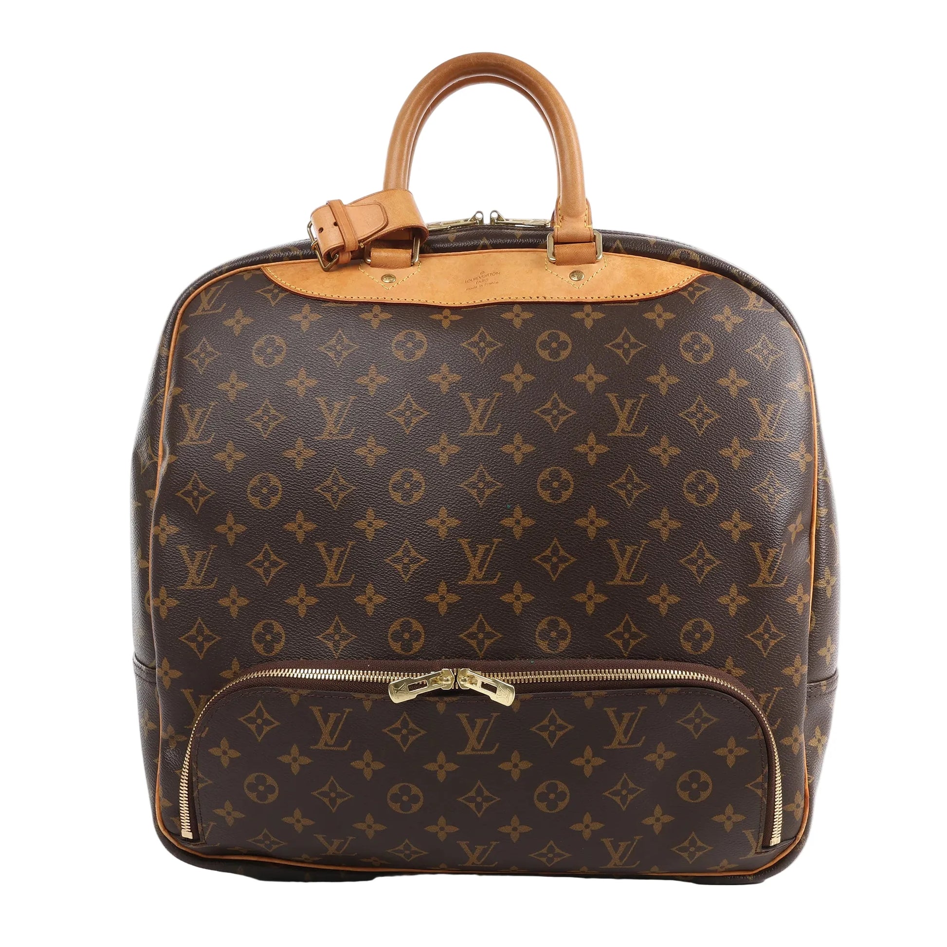 Louis Vuitton Monogram Canvas Evasion Weekend Handbag M41443 in brown monogram canvas with natural leather top handles, gold-tone double zip closure, and front zip pocket, displayed upright against a white background.